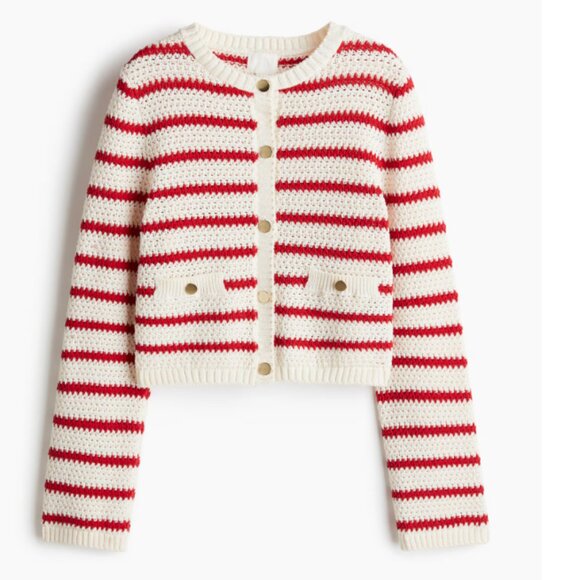 H&M Stripe Cardigan Sweater Women's Large Crochet Retro Cottage Core Red Cream - Picture 3 of 8